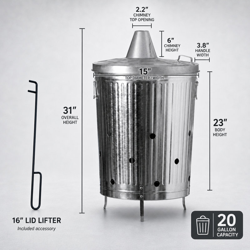  20-Gallon Galvanized Steel Incinerator Can with Lid, Ventilation Holes, and Lid Lifter – High-Heat Outdoor Burner Bin for Leaves, Paper, Yard Waste, and Garden Debris, Silver