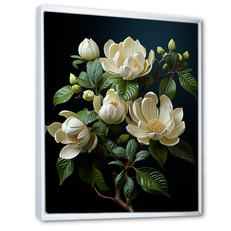 Art mural beige - Magnolias, H 44 po x l 34 po x P 1,5 po, Cadre flottant blanc