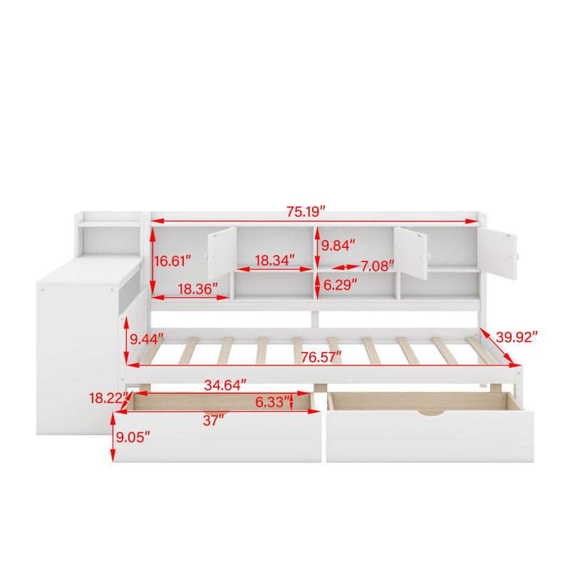 Lit de jour simple avec rangement 3 armoires et 2 tiroirs, Blanc