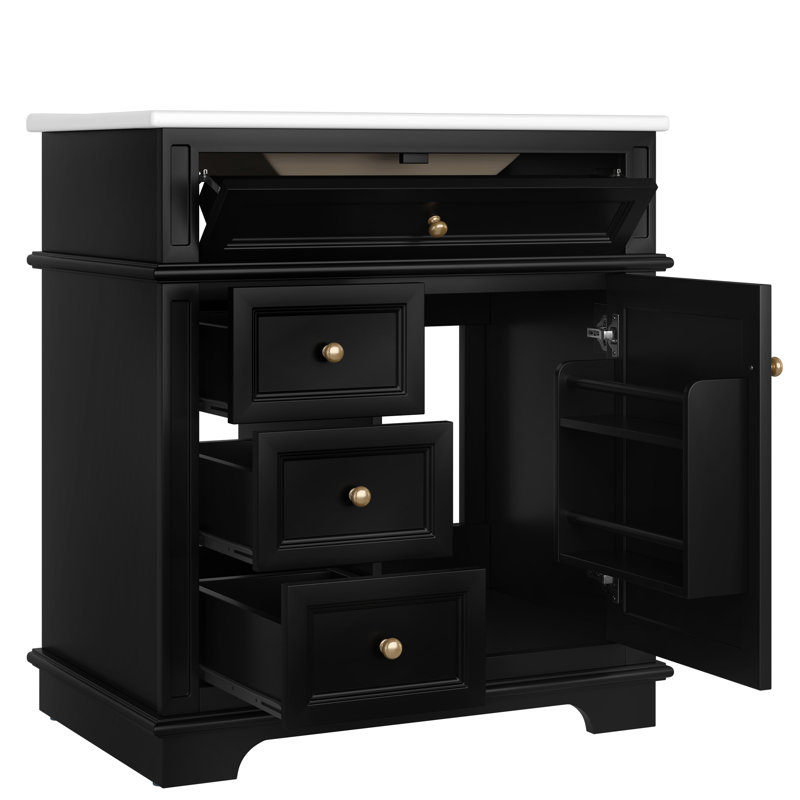 Meuble-lavabo noir de 30 po, lavabo en céramique, tiroir basculant, trois tiroirs, tablette de porte, configuration de rangement bien pensée, meuble-lavabo de 30 po avec finition, une et une tablette Essentials
