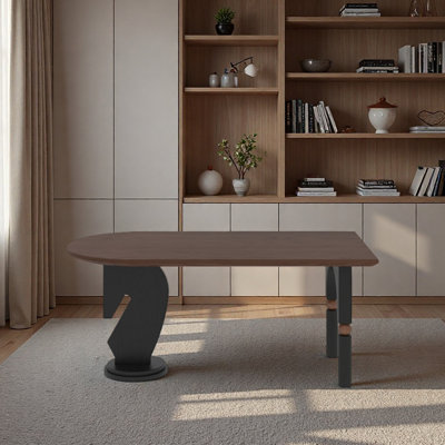 A semi-circular wooden desk with a spacious tablet