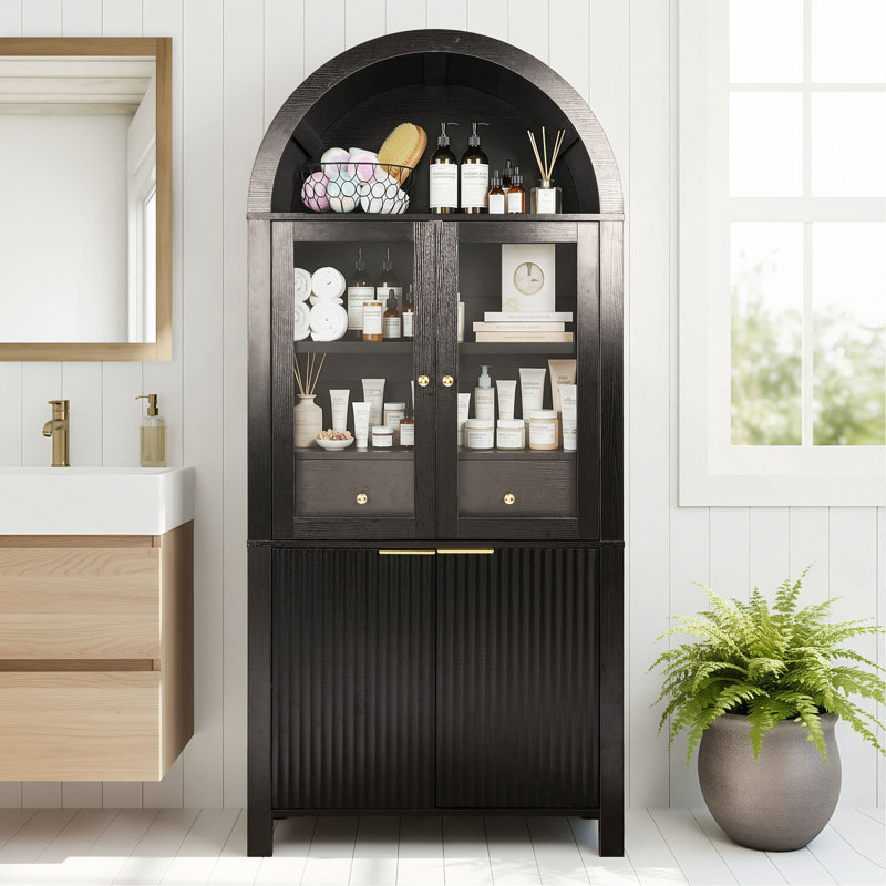 71" Fluted Tall Arched Pantry Cabinet With Adjustable Shelves, Elegant Display Storage With Hidden Drawer & Glass Door For Kitchen, Living Room, Dining Room, Black