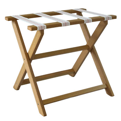 Light Walnut Wood Grain ECO Straight Leg Luggage Rack With 4 Pink Classic Stripe Straps