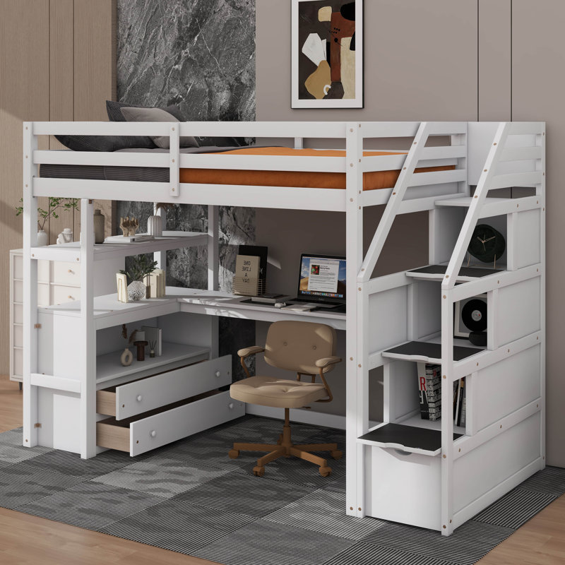 Loft Bed With Integrated Desk And Shelving Units, White