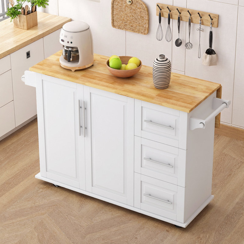 Îlot de cuisine noir polyvalent avec table extensible, étagère à épices et tiroirs de rangement, Blanc