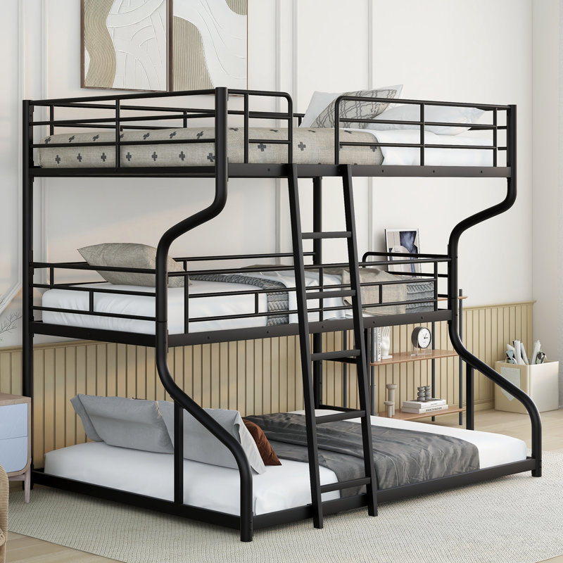 Hollen Twin Over Full Over Queen Bunk Bed with Built-In Ladder, Black