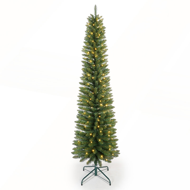 Arbre de Noël 7 pi avec 200 lumières DEL blanc chaud, 469 pointes, conception compacte, assemblage facile et support en métal stable