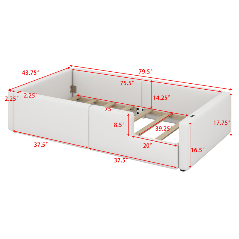 Upholstered Platform Bed With Guardrail And Charging Station