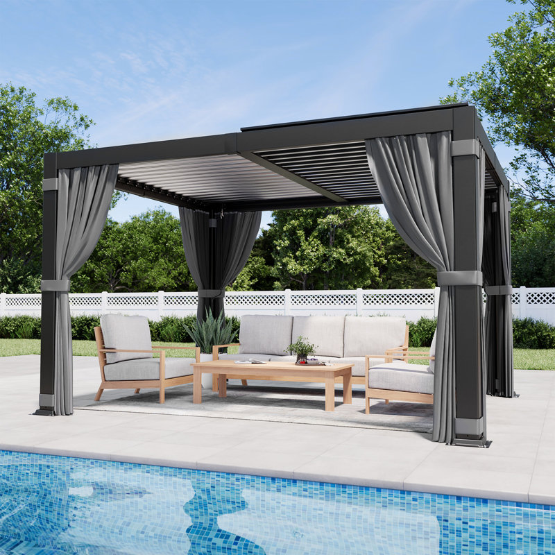 Pergola en aluminium de 12 pi x P 10 pi avec rideaux et filets imperméables à toit réglable, 12 x 10 pi