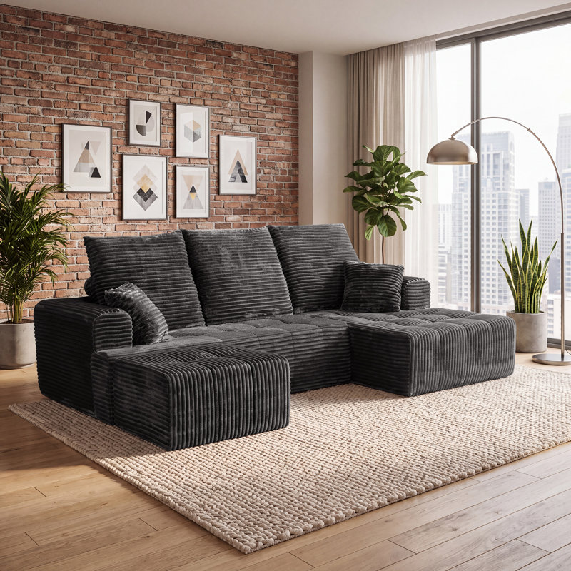 Canapé d'angle modulaire compressé en forme de U de 277 cm de large avec méridienne et pouf, 3 pièces, revêtement en velours côtelé, assise profonde, ressorts ensachés et 5 coussins pour salon, aucun assemblage requis, gris