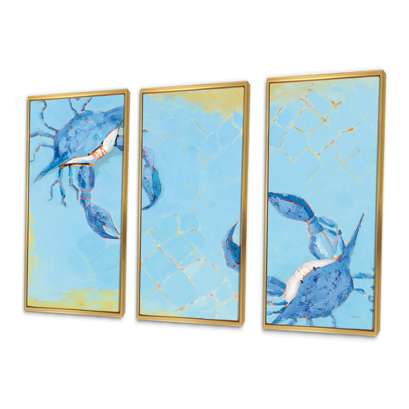 Bataille de crabe bleu côtier - ensemble d'art mural sur toile encadré nautique et côtier, H 32 po x l 48 po, Doré