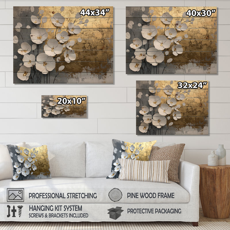 White And Gold Wildflowers Pure Form Of Marble III - Poppy Wood Wall Decor - On Natural Pine Wood, 34" H x 44" W x 0.78" D