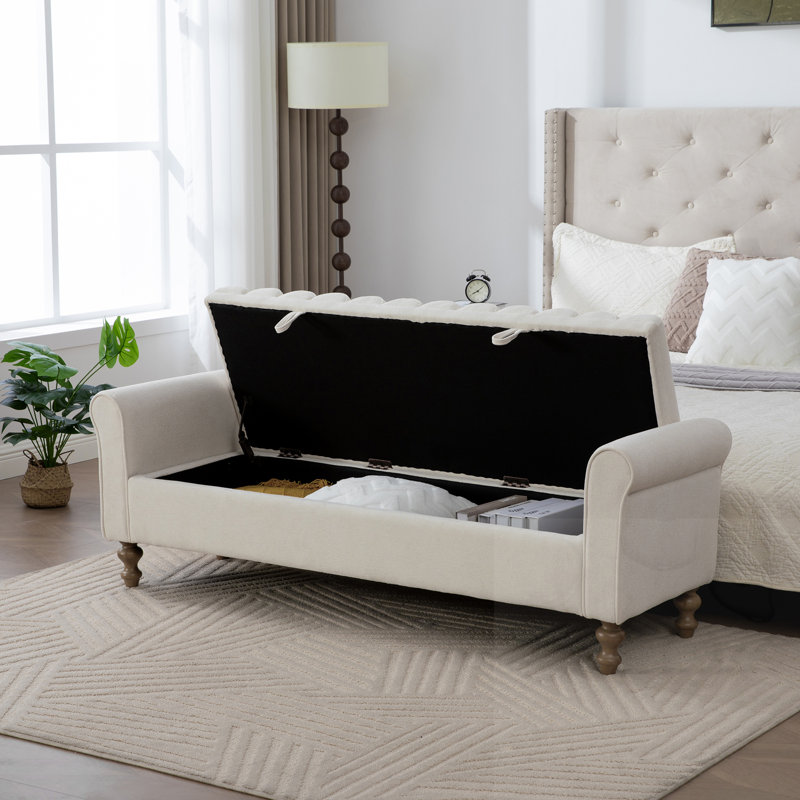 Upholstered Storage Bench With Rolled Armrest, Beige