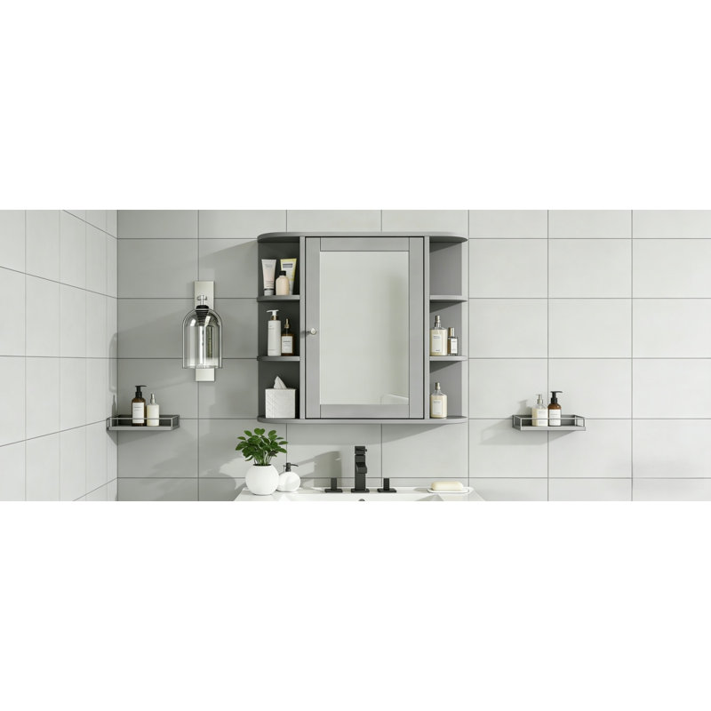 Armoire de rangement de salle de bain avec miroir, armoire à pharmacie avec tablette en bois réglable et portes, armoires de rangement montées avec 6 tablettes ouvertes, gris