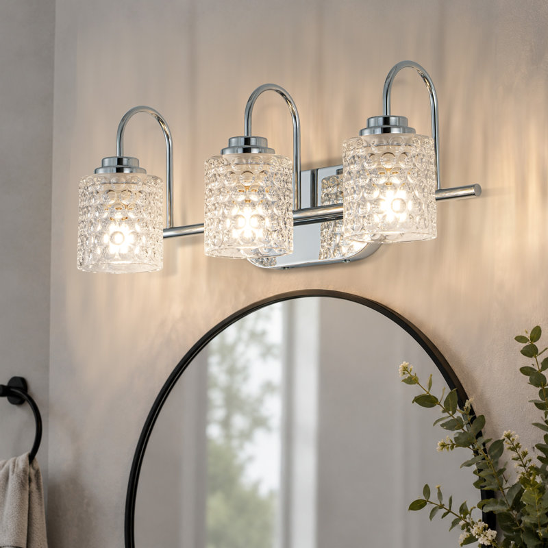 3-Light Modern Dimmable Bathroom Vanity Light with Dimpled Glass Shades, Chrome
