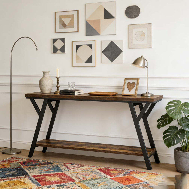 Industrial Console Table Behind Couch with 2-Tier Storage Shelf