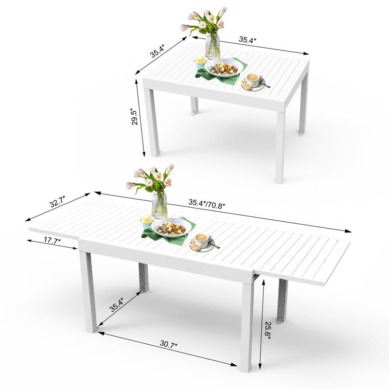 Table de patio ajustable blanche, 35 à 71 po, en aluminium, pour 4 à 6 personnes, avec table en aluminium, 35,4 po, extensible à 70,8 po, surface facile à nettoyer