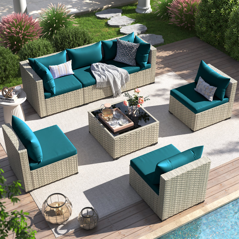 7 Pieces Rattan Patio Conversation Sets With Cushions, Peacock Blue