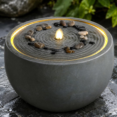 Eudora Modern Round Outdoor Water Fountain with LED Light Resin Garden Water Feature