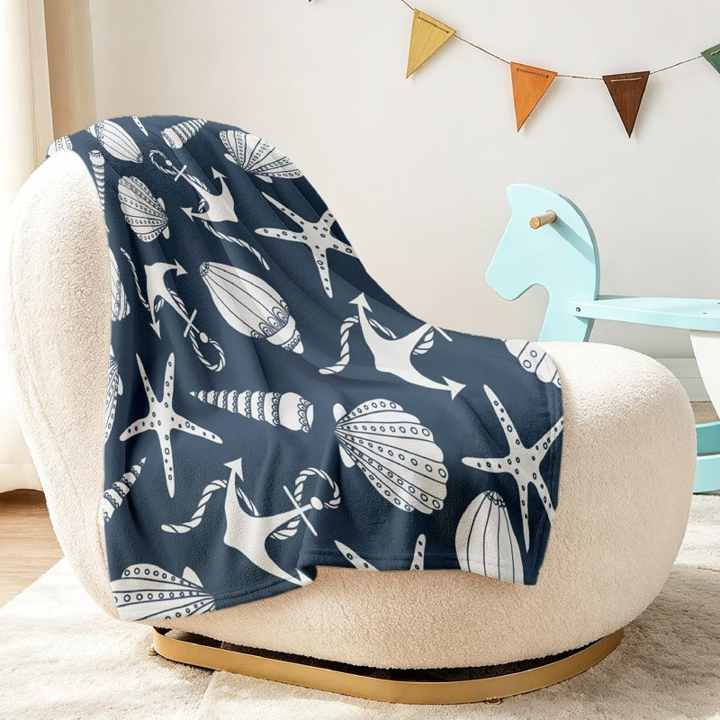 Jeté en molleton bleu flanelle ultra doux, imprimé de coquillages d'un côté, Throw 30" x 40"