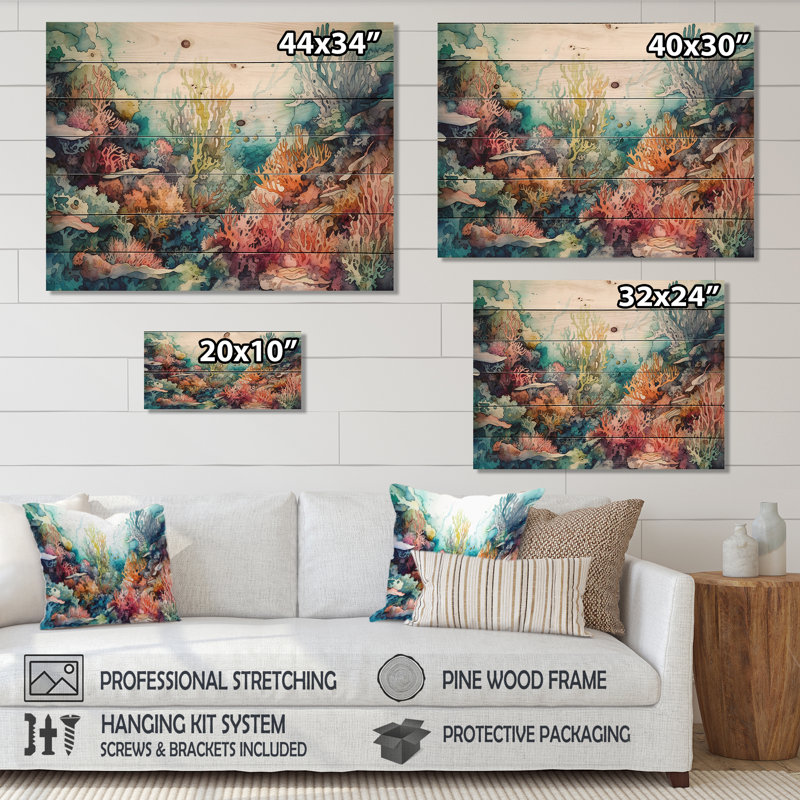 Vibrant Coral Reef III - impression de paysage de plage moderne sur bois de pin naturel, H 10 po x l 20 po x P 0,78 po