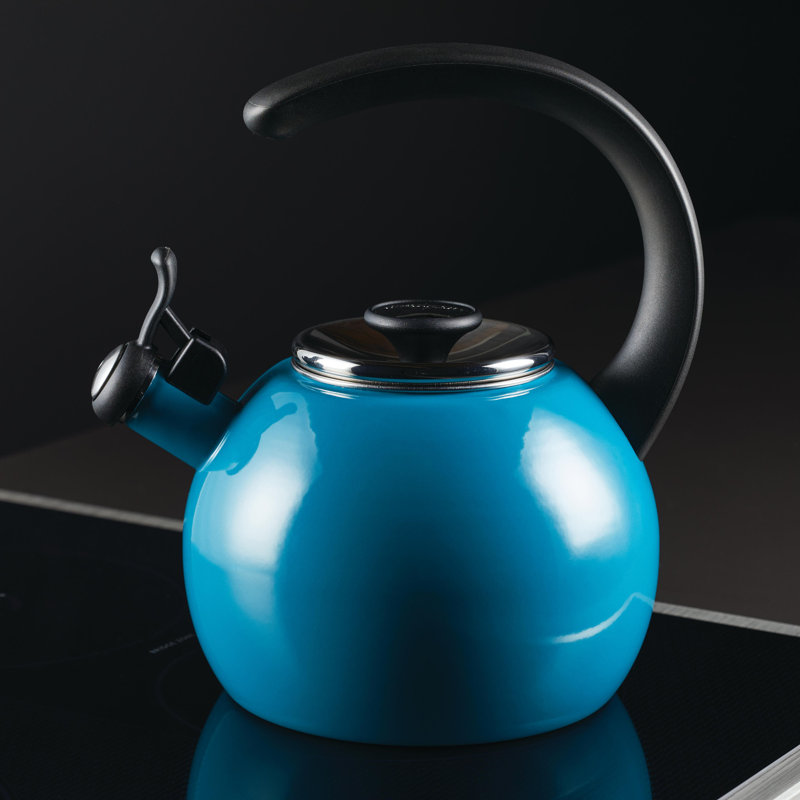 Turquoise Enamel Steel Whistling Teakettle with Flip-Up Spout, 2-Quart