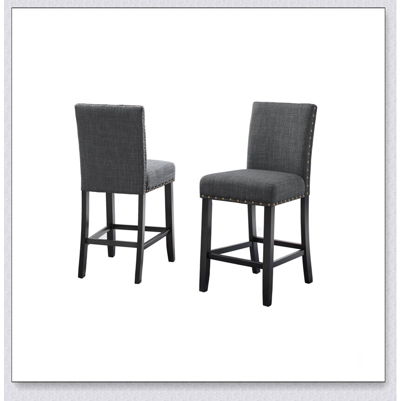Biony Fabric Counter Height Stools with Nailhead Trim, Set of 2, Gray