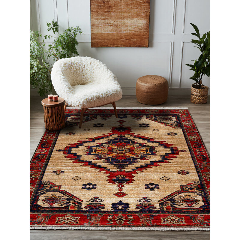 Tapis en coton à imprimé machine beige marocain Strawbridge, Rectangle 4 pi x 6 pi 7 po