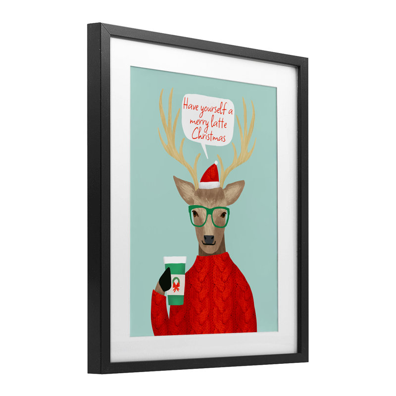 Hipster Deer Merry Latte, reproduction encadrée sous verre, conception de Jilly Jack Designs, Cadre noir minuit