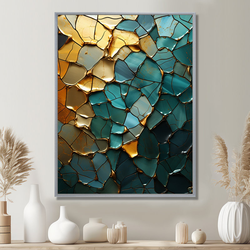 Abstrait bleu sarcelle or calcaire cristallin - marbre, art mural, Toile argentée avec cadre flottant