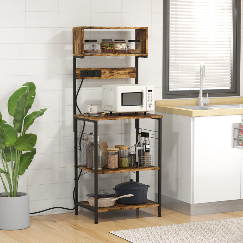 Rustic Brown Kitchen Shelving. Power Supply, . Adjustable Shelves, 5 Hooks. For Pans, Spices. Microwave Stand, Coffee Bar. 60.25" H Shelf Unit. Outlet & . Pots, 23.5" W