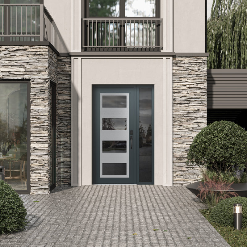 Porte d'entrée avant pré-suspendue à panneaux latéraux en acier argenté anthracite / anthracite avec panneau latéral