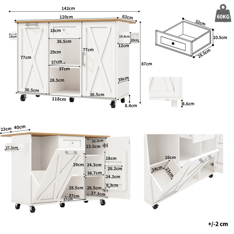 Kitchen Island With 2 Doors And 2 Drawer, White