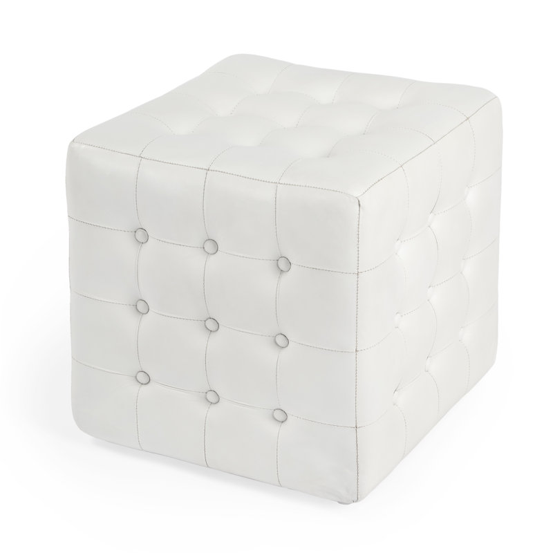 Leon Button Tufted Leather Ottoman, White Genuine Leather