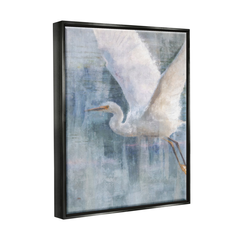 «Dovecove Flying Egret Coastal Abstraction», art mural encadré par Nina Blue, Cadre flottant noir de jais