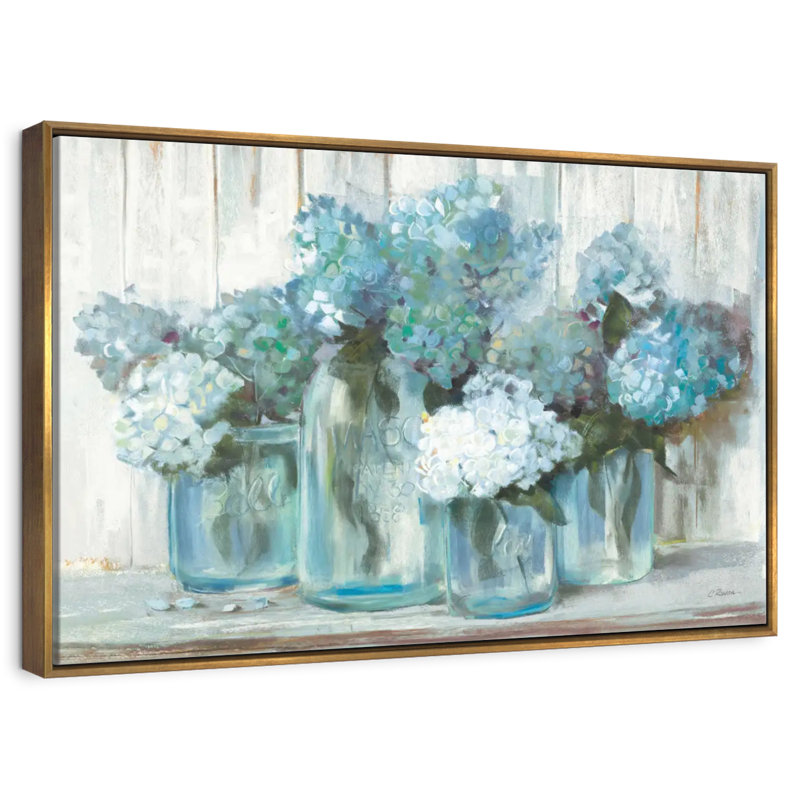 Hortensias en pots de verre bleus, 31 po x 21 po, Cadre flottant doré