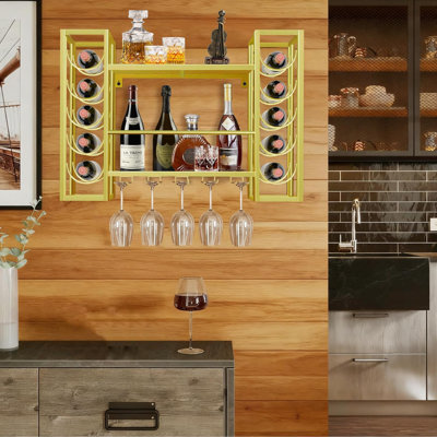 Support à vin mural en métal, porte-bouteille flottant suspendu avec support en verre, étagère de rangement murale pour bar personnel, salle à manger, cuisine, doré