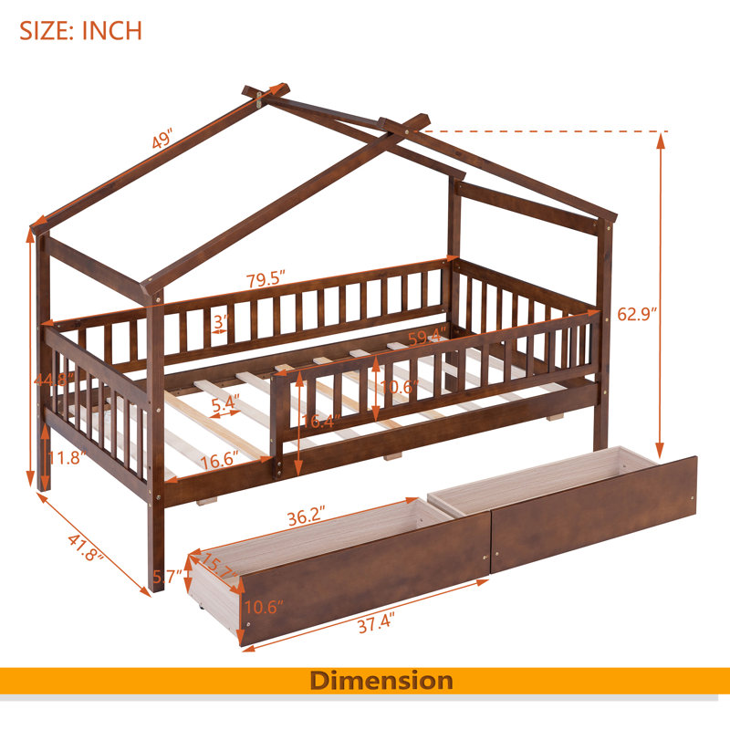 Lit simple en bois avec deux tiroirs, Noyer
