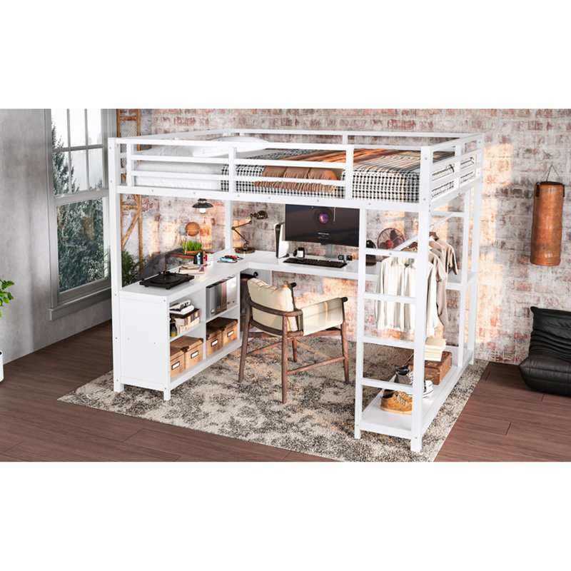 Lit mezzanine en métal peu encombrant avec bureau et garde-robe, style moderne