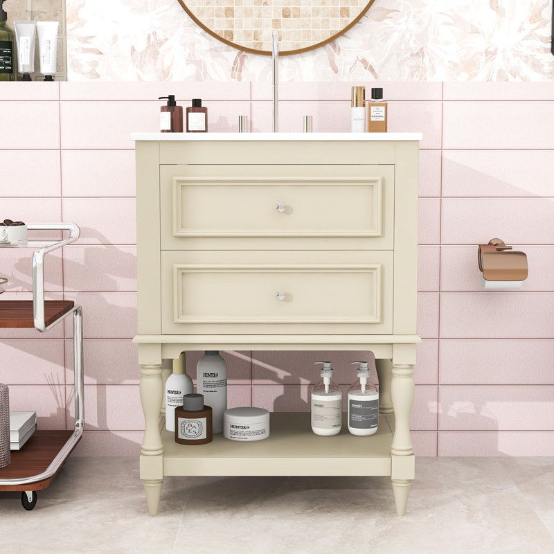 Meuble-lavabo rétro avec lavabo en céramique, 2 tiroirs et tablette ouverte, Beige