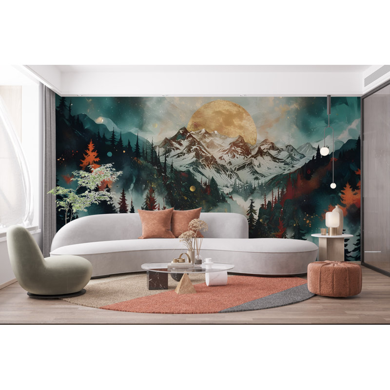Montagne, forêt, mur, graphique, autocollant, peler et coller, L 145 po x l 100 po, Non tissé