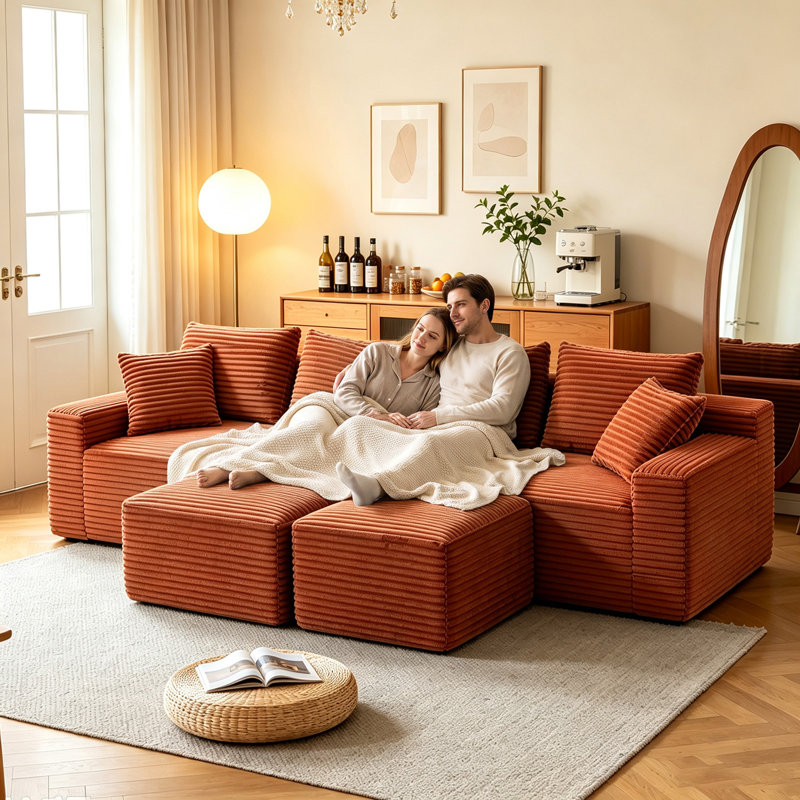 Canapé modulaire en velours côtelé avec 2 repose-pieds mobiles, aucun assemblage requis, Orange