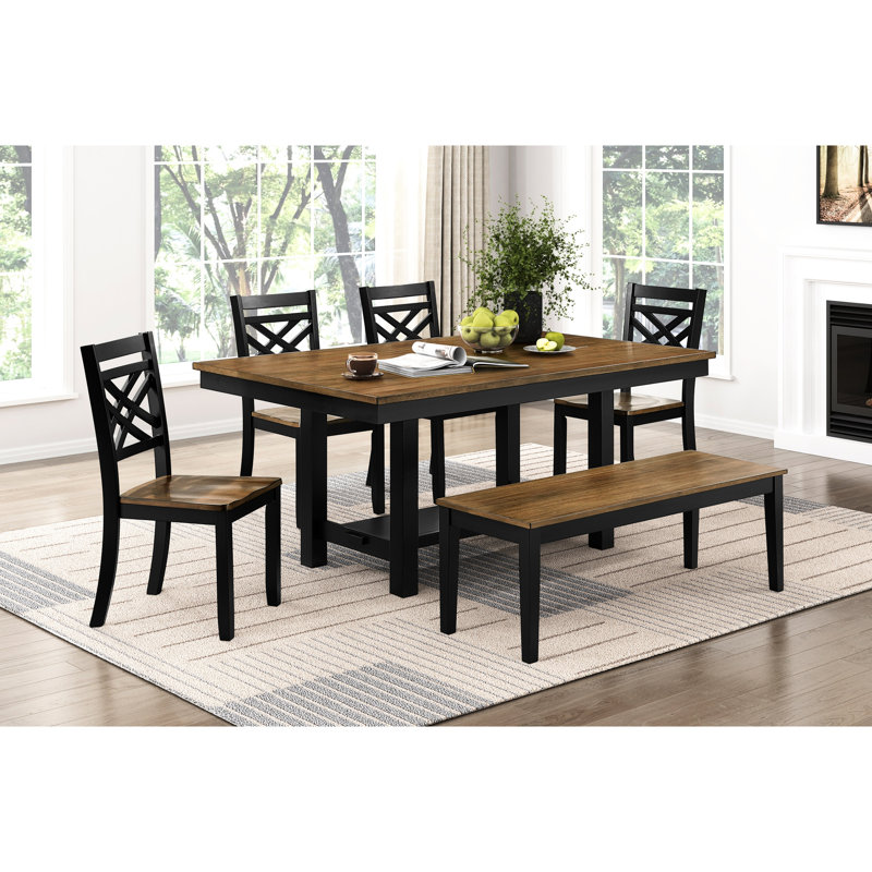 Table de salle à manger rectangulaire de style contemporain, finition bicolore noire et marron, 6 couverts, piètement à tréteaux avec espace de rangement, bois pour un style rustique moderne, option d'espace ouvert.