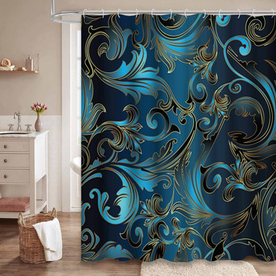 Rideau de douche à motif floral damassé bleu avec 12 crochets