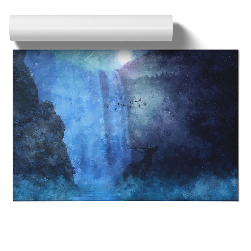 Waterfall with Stag Painting - Frameless Print, 21cm H x 30cm W x 0.1cm D