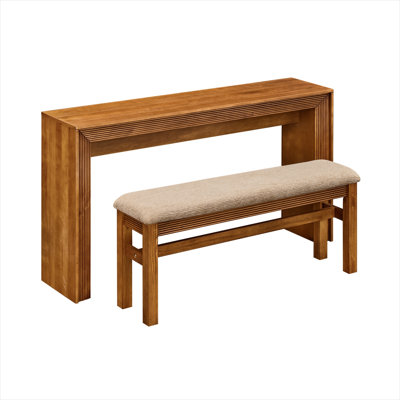 Ensemble de table de bar cannelée rétro pour 2 personnes avec tabourets rembourrés, brun ton bois, pieds en pin massif, table de salle à manger rectangulaire à hauteur de comptoir de 59 pouces