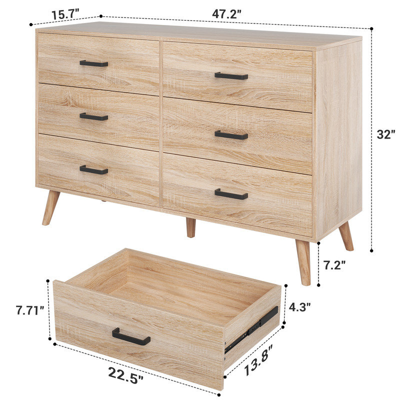 6 Drawer Dresser for Bedroom, Wood Dresser with Wide Drawers and Metal Handles,Modern Dresser Chest for Bedroom,Living Room,Entryway
