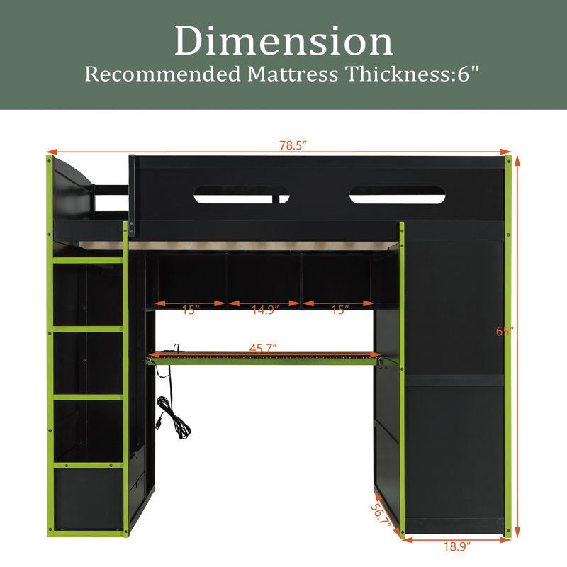 Full Size Wood Loft Bed With Desk,Wardrobe,Ample Storage Space,And RGB LED Light, Green