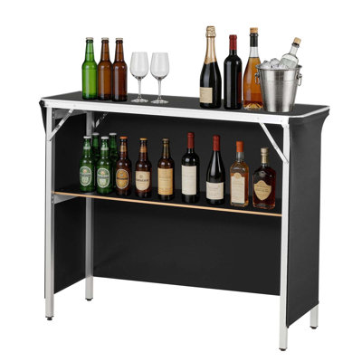 Folding Portable Bar Table, 43.3 x 15.2 x 34.8 in, with Carry Bag, Storage Shelf, and Detachable Skirt, Quick and Easy Setup, Foldable Mobile Bartending Station for Events, Party, Tradeshow