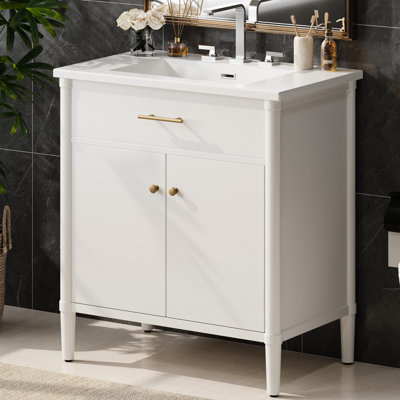 Meuble-lavabo blanc 31 po avec lavabo, charnières à fermeture en douceur, tablette réglable, conception incurvée, pieds en bois d'hévéa, poignées dorées mates, espace pour les petites et moyennes salles de bain, couleur, profil, cadre des pieds, quincaillerie,